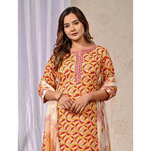 Yellow Floral Design <b>Block</b> <b>Printed</b> Cotton Anarkali Suit Latest Ethnic Salwar with Net Fabric for Party Wear Special Occasions - Product Image 1