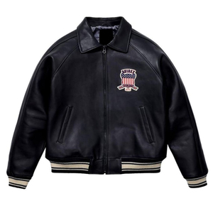 Veste en cuir véritable pour hommes européens et américains, veste noire Avirex en PU pour hommes adolescents, col montant avec fermeture éclair - Product Image 1