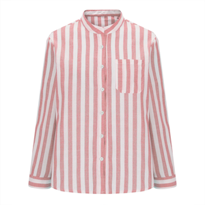 100% Lilen, camisa informal de manga larga para mujer, botón de cuello vuelto, OEM diseño personalizado, ajuste Regular, contraste de Color, botón a rayas frontal - Product Image 5