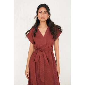 Women's Maroon Tie <b>Waist</b> Floor-Length Gothic Floral V-Neck Short Sleeve A-Line Loose Fit Cotton Casual Summer <b>Dress</b> - Product Image 2