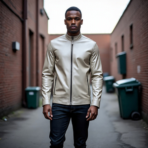 แจ็กเก็ตหนัง PU สำหรับผู้ชายเสื้อแจ็กเก็ตหนังมอเตอร์ไซค์เสื้อโค้ทหนัง PU แบบย้อนยุคมีกระเป๋าหน้าอก OEM - Product Image 1