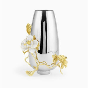 Vase à fleurs moderne en métal fabriqué à la main avec motif de vigne à la feuille d'or, dessus de table décoratif en aluminium poli martelé pour la maison - Product Image 6