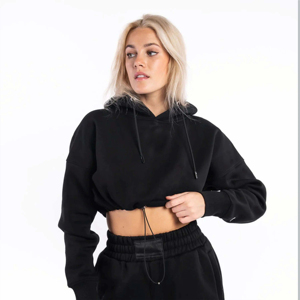 Sweat à capuche court zippé intégral en sherpa 100 % coton noir personnalisé pour femme, anti-plis et respirant - Product Image 3