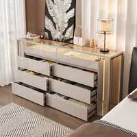 Commode à huit tiroirs brillante, meuble de rangement moderne en bois pour maquillage avec verre trempé