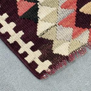 Vintage Rug, 2.5x11.5 ft <b>Runner</b> Turkish Rug, Kilim <b>Red</b> Pink Striped Rug - Product Image 4