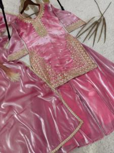 New Heavy Light Pink Silk Punjabi <b>Kurti</b> with Dupatta for Sequence Embroidery for Wedding Party Wear Ceremonial Festival - Product Image 6