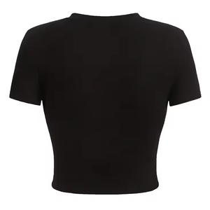 Commandes en gros haut court t-shirts pour femmes demi-manches avec col en O conception couleur unie coton fait été Simple plaine hauts courts - Product Image 2