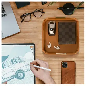 MAVOBO PU Leather Phone Wallet Coin Change Storage Valet Tray Jewelry Tray for Keys Small Leather Desktop Storage