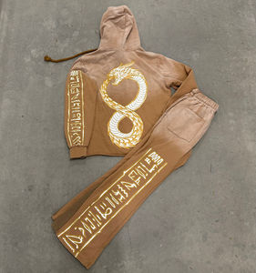 Custom Patch Embroidery Logo Distressed <b>Hoodie</b> and Flared Jogger Acid Wash Sun Faded Printing Hip Hop Style for Autumn - Product Image 3