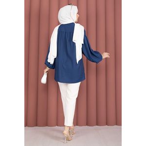 เสื้อคลุมสตรีสีน้ำเงินกรมท่าสไตล์วินเทจลำลอง ไซส์ XL ผ้าป๊อปลินลิน แขนยาวทรงบอลลูน ปกเสื้อแบบปกเชิ้ต ตกแต่งด้วยลูกไม้ ทรงครอป ผ้าทอ - Product Image 4
