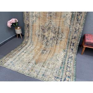 พรมวินเทจขนาดใหญ่ 6x9.8 ฟุต พรมตุรกี ลายต้นไม้และพืชสีน้ำเงิน พรมขนสัตว์ - Product Image 2