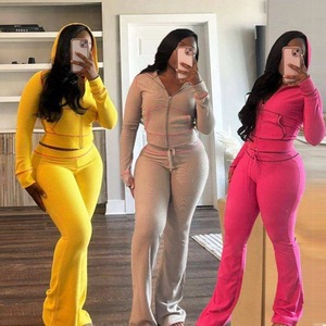 Ensemble en tricot gaufré personnalisé pour femmes, ensembles de survêtement à manches longues, veste à capuche zippée et pantalon large à pattes évasées, ensembles de détente deux pièces - Product Image 2