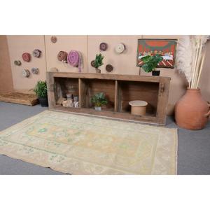 3.8x6.6 ft Vintage Rug, Turkish Area Rug, <b>Yellow</b> Green Striped Rug - Product Image 2