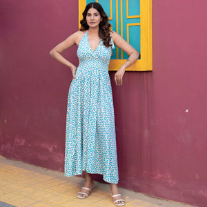 Navy and White Graphic Print Coordinate Set Halter Crop Top and Wide Leg Pants Bright Summer Holiday Gypsy <b>Two</b> <b>Piece</b> Outfit - Product Image 1