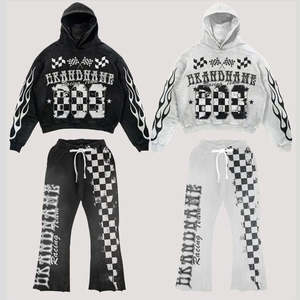 Streetwear personnalisé en détresse brodé Patch strass fermeture éclair à capuche 100% coton à capuche pantalons de survêtement ensemble unisexe lavage à l'acide - Product Image 1