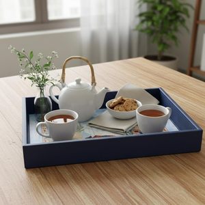 Plateau de service rectangulaire en MDF imprimé facile à nettoyer, qualité supérieure avec bordure bleuâtre, plateau décoratif en bois - Product Image 6