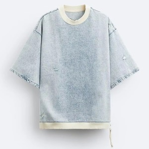 Camisa azul Vintage personalizada sólida informal para hombre, camisetas de peso pesado lavadas con cuello redondo, Camisetas estampadas de gran tamaño para hombre - Product Image 3