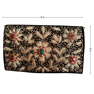Gulnaar Garden Zardozi Embroidered Evening <b>Clutch</b> Satin Lined Party <b>Bag</b> Floral Square Rhinestone Crystal Brass Pearl Chain - Product Image 2