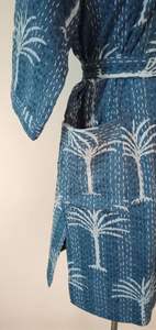 Blue Indigo Kantha <b>Jacket</b> for Women Long Cotton Quilted Indian Robe with Floral Pattern Winter Beach Wear <b>Kimono</b> - Product Image 6