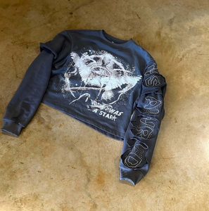 High Quality Full Sleeve Printed T-<b>shirt</b> Cotton Custom Screen Printing Rhinestone Distressed Double Layer T-<b>shirt</b> OEM Serviced - Product Image 2