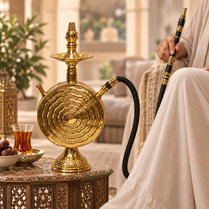 Mesa de Latón Martillado con Cachimba Futurista Integrada |   Pipa de shisha decorativa ornamentada con cuerpo redondo en relieve |   Cachimba Árabe Tradicional - Product Image 1