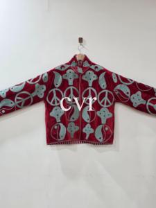 Red <b>Velvet</b> Embroidered Bomber <b>Jacket</b> With Peace Sign Pattern Stand Collar Full Sleeve Women's Autumn Outerwear - Product Image 2