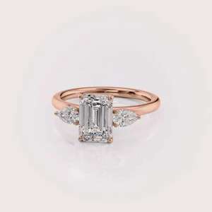 IGI Certified Emerald Cut Lab Grown Diamond Three Stone Engagement & Anniversary <b>Ring</b> 14K Yellow/White Rose Gold Pear Side Stone - Product Image 1