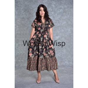 Indien 100% pur coton Maxi robe bloc imprimer longue tenue d'été pour les femmes terreux élégant confortable vêtements de jour doux tenue décontractée - Product Image 3