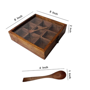 Boîte à épices classique en bois à 6 compartiments avec couvercle magnétique et boîte avec cuillère, stockage hermétique écologique pour masala indien - Product Image 3