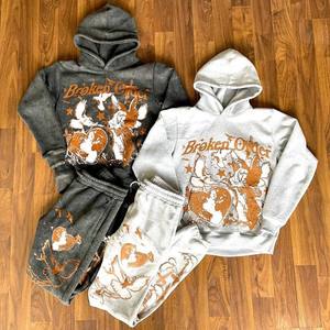 Conjunto de sudadera con capucha y pantalones de chándal estampados lavados transpirables de felpa francesa de algodón 100% personalizado, ropa de calle Unisex de talla grande, diseño de Fitness - Product Image 3
