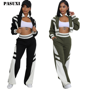 PASUXI nouveau printemps mode femmes 2 pièces ensemble femmes vêtements de sport costume couleur bloc fermeture éclair recadrée veste jambe large <span class=keywords><strong>pantalon</strong></span> Jogging costume - Product Image 1