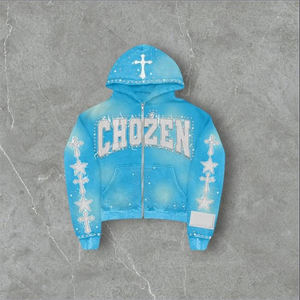 ชุดเซ็ตแทรคสูทสตรีทแวร์ผ้าคอตตอนหนา ล้างสีแบบแอซิด ประดับคริสตัล 2-in-1 พิมพ์โลโก้ตามสั่ง สไตล์ดิสเทรส ฮाइสตรีท พร้อมกางเกงขายาวและเสื้อฮู้ด - Product Image 5