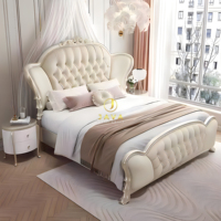 Lit King Size Européen de Luxe en Bois Massif avec Rangement, Design Pliable, Hauteur Réglable, en Cuir PU, Style Moderne Français, pour Chambre Principale ou Nuptiale