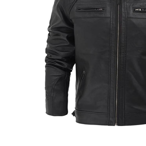 Chaqueta de moto de cuero de piel de vaca con cremallera múltiple para hombre, chaqueta con cuello levantado, temporada de invierno, venta al por mayor - Product Image 2