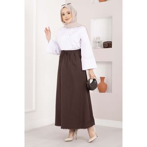 Comfortable <b>Elastic</b> Waist Pocket Detail Straight <b>Skirt</b> Breathable Chiffon Nylon Spandex Coffee Color XS Embroidered Technique - Product Image 3
