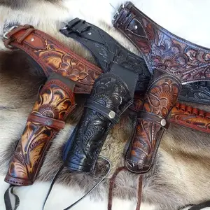 Premium Full Grain Tooled Leather Western Gun Belt & Holster Custom Leather Gun Belts western style gun belts Cowboy Holsters