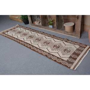 พรมปูพื้นขนาดใหญ่สไตล์ตุรกีโบราณขนาด2.5 x สีน้ำตาล8.6ft สีเบจเย็บปะติดปะต่อกันดีไซน์สี่เหลี่ยมผืนผ้าขนแกะขนาด10มม. สำหรับตกแต่งข้างเตียงห้อง - Product Image 4