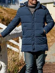 Veste d'hiver matelassée en duvet pour homme sur mesure en gros avec capuche, longue, avec logo, poches, rembourrage en polyester/coton, élégante et chaude - Product Image 2