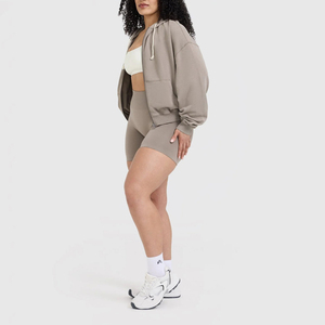 Sweat-shirt à capuche zippé surdimensionné décontracté pour femme, 100 % coton, lavé, uni, respirant, en tissu éponge français, pour le sport et la gym - Product Image 3