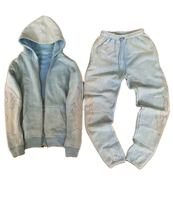 Custom Acid Wash Men's Hoodies Set Manufacturer <b>Distressed</b> Embroidery Zip Up Tracksuit Sweatpants For Winter Wear - Product Image 6