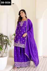 Nouveau concepteur femmes porter Chinon matériel Salwar Kameez costume avec broderie séquence travail Sharara costume pour mariage Festival porter - Product Image 3