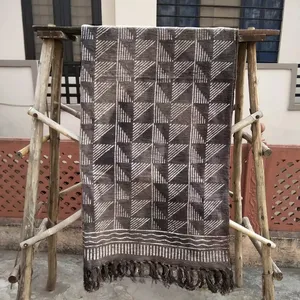 公平贸易印度再生棉编织靛蓝块印花沙发长椅床罩流苏毯扔