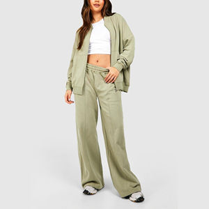 OEM <b>Women's</b> Solid Embroidered Lace Oversized Zip Hoodie <b>Pants</b> 2 Piece Set 100% Cotton Hip Hop Tracksuit - Product Image 4