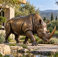 Statue de rhinocéros en bronze grandeur nature réaliste, sculpture d'animal sauvage en bronze antique, ornement paysager carré