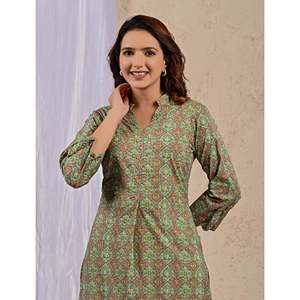 Green Georgette <b>Block</b> <b>Printed</b> Straight Kurti Ankle-Length Indian Dress Pakistani for Party Wear Includes Salwar Kameez Saree - Product Image 1