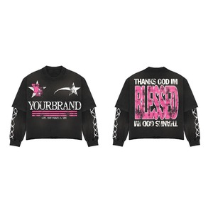 Sudadera personalizada con diamantes de imitación desgastados bordados lavado ácido de manga larga de doble capa camiseta de gran tamaño de peso pesado para hombres - Product Image 1