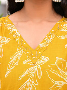 Salwar Kameez en coton imprimé feuilles jaune moutarde pour femmes, tenue ethnique de fête d'été, col en V, manches trois quarts, ensemble à séchage rapide - Product Image 6