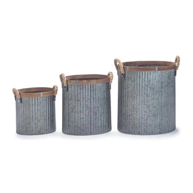 Thiết lập của 3 tôn thiếc lồng nhau planters với gỗ TRIM mạ kẽm grey & tự nhiên colour trồng kim loại hoàn hảo cho home & Garden