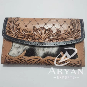 Cartera tallada a mano, funda de teléfono de embrague, elegante cuero genuino, pelo en piel de vaca, billetera multiusos, carteras de cuero occidental - Product Image 1