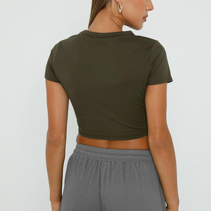 เสื้อครอปแขนสั้นผู้หญิงสีเขียวมะกอกเสื้อยืดผ้าฝ้ายรัดรูปผ้ายืดชุดสตรีทแวร์ลำลองฤดูร้อน2025 - Product Image 5